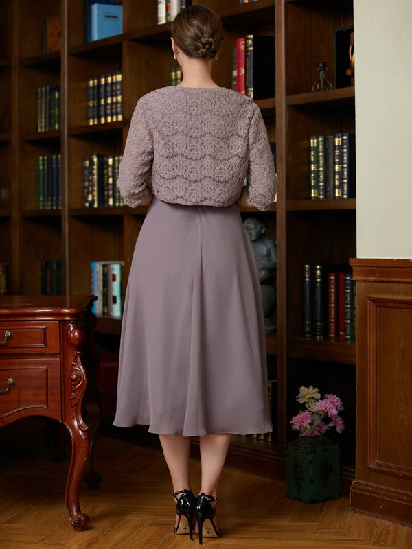 Wholesale A-Line/Princess Chiffon Lace Scoop Sleeveless Tea-Length Mother of the Bride Dresses